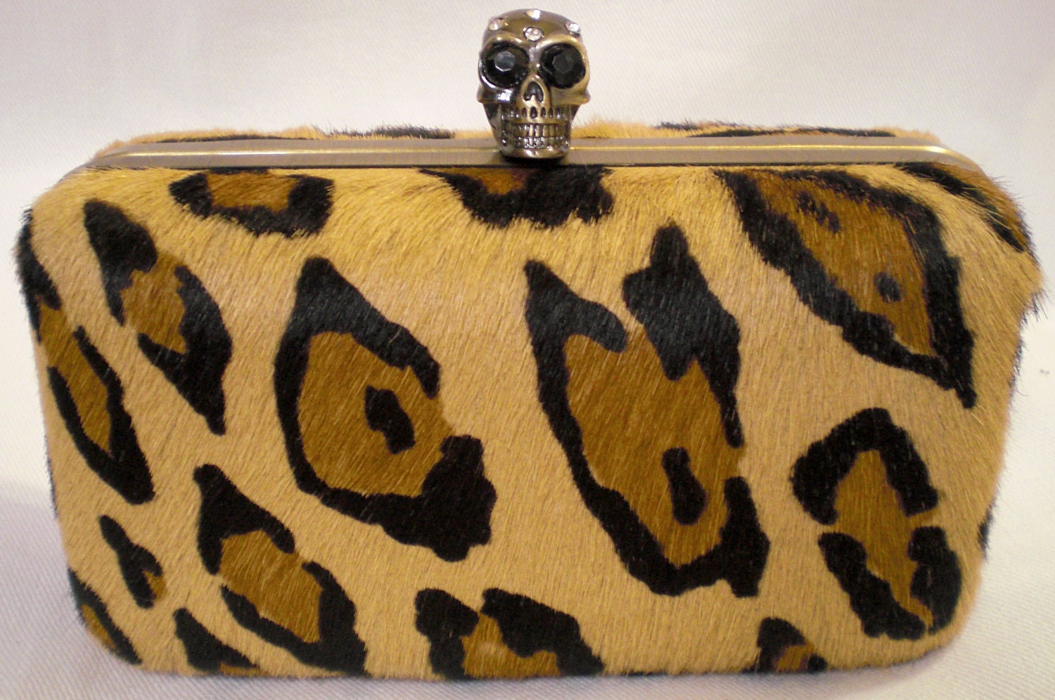 Leopard Hair Hide Clutch- skull clasp- Antique Brass