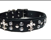 Black Leather Collar with Fleur De Li's and Crystals