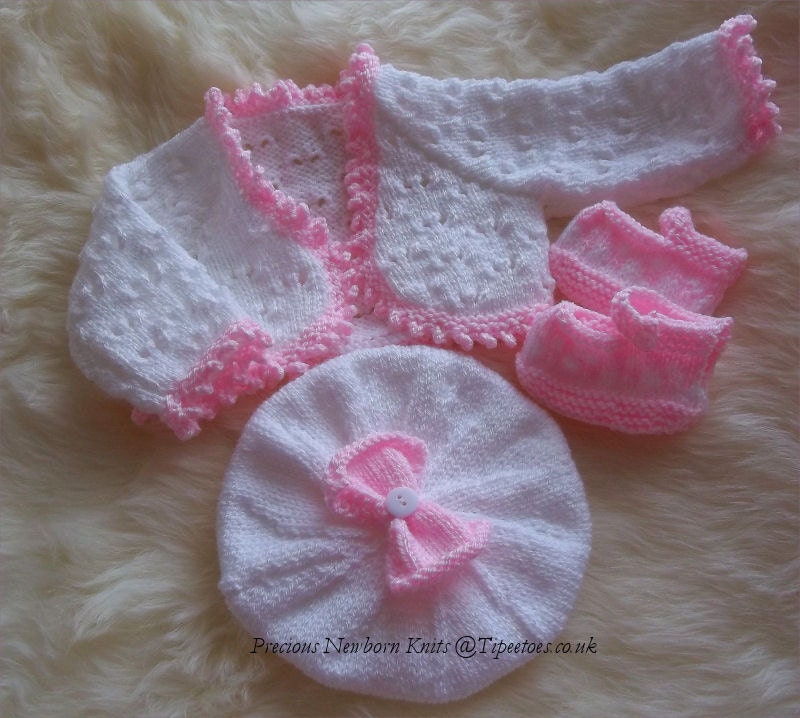Baby Girl or Reborn Doll PDF Knitting Pattern 'Nuala' - Bolero, Beret Hat & Shoes