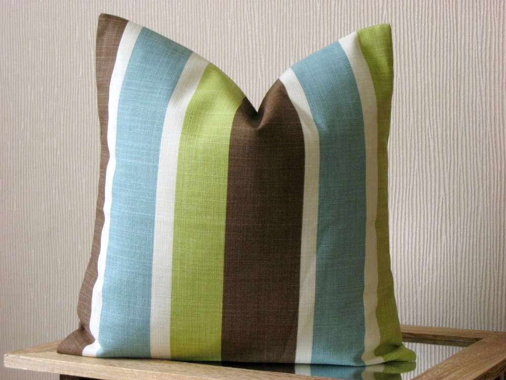 Throw pillow cover - 18x18 pillow cover - Eastern stripe pistachio - green blue brown white