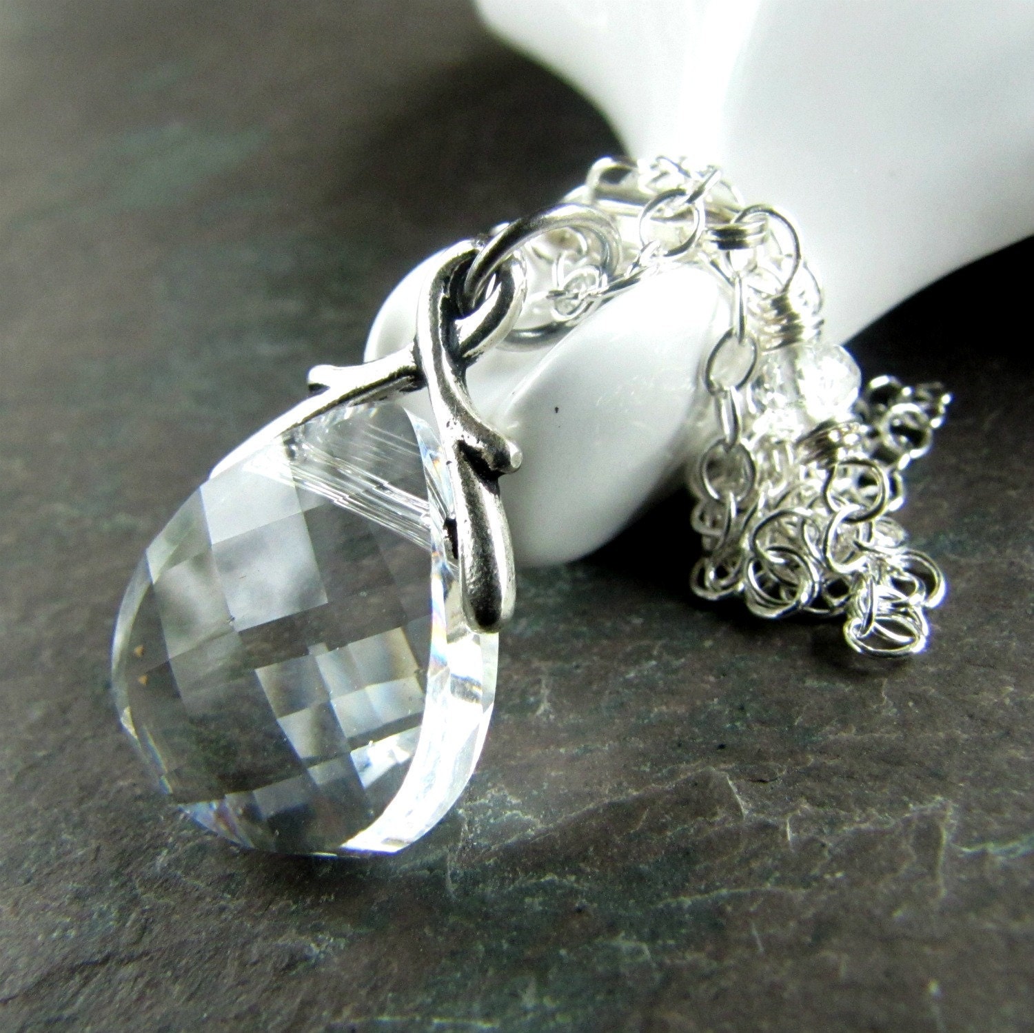 30% WINTER SALE Swarovski Crystal Necklace, Briolette Sterling Silver challenevi