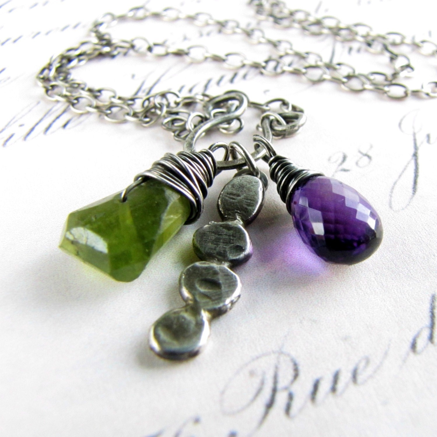 30% WINTER SALE Vesuvianite Nugget Amethyst Necklace Recycled Silver Pendant Charm Necklace Oxidized Sterling Silver Wire Wrapped Gemstones