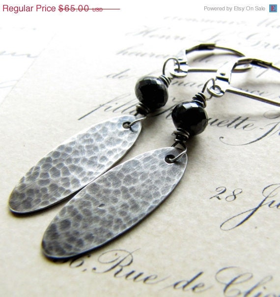 30% WINTER SALE Black Spinel Earrings, Rondelle Gemstones Oxidized Sterling Silver Textured Oval Discs challenevi