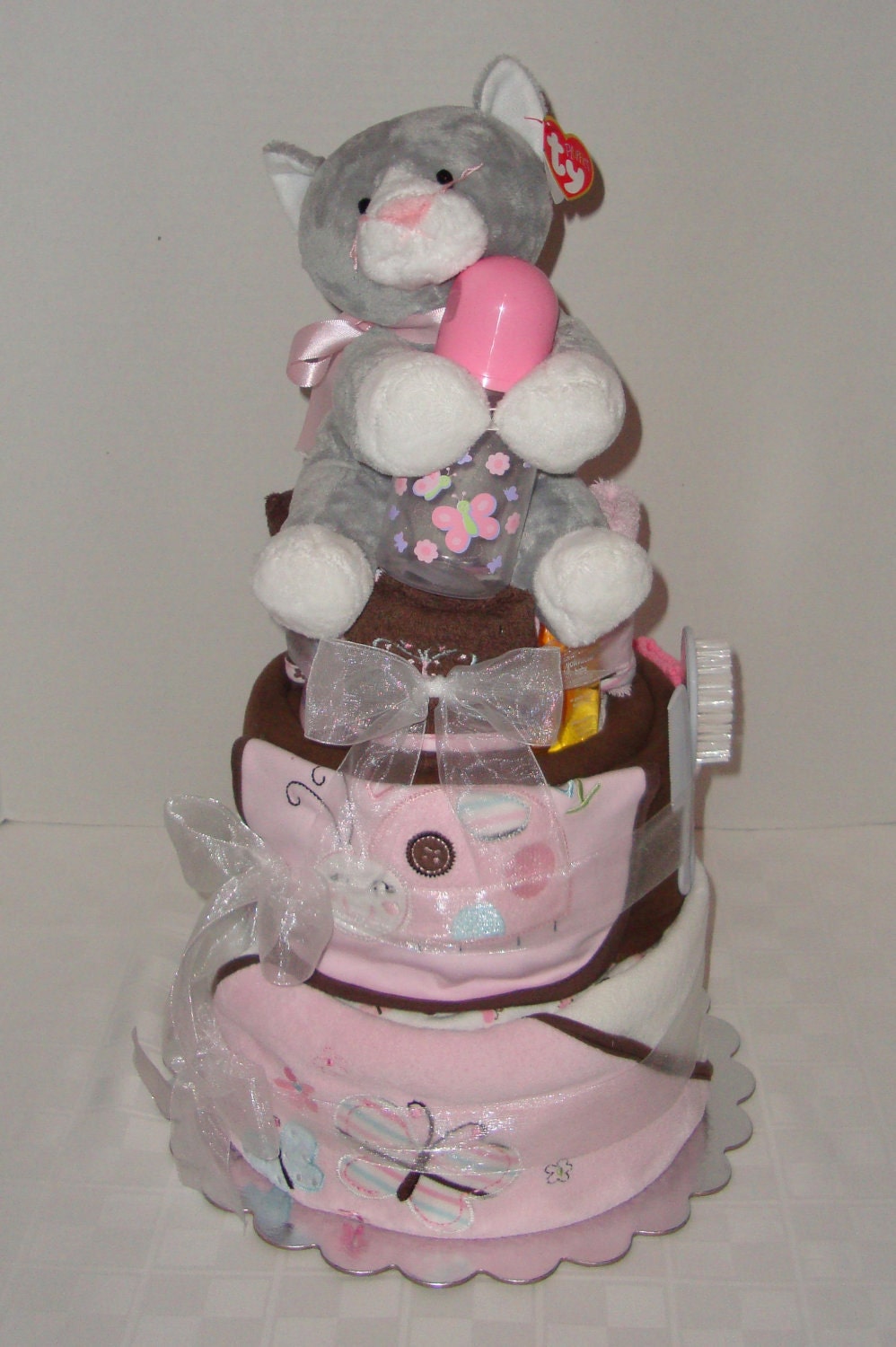 Baby Shower Diaper Cake, Shower Gift ,Baby Girl, Shower Centerpiece, Kitten, Blankets, Diapers