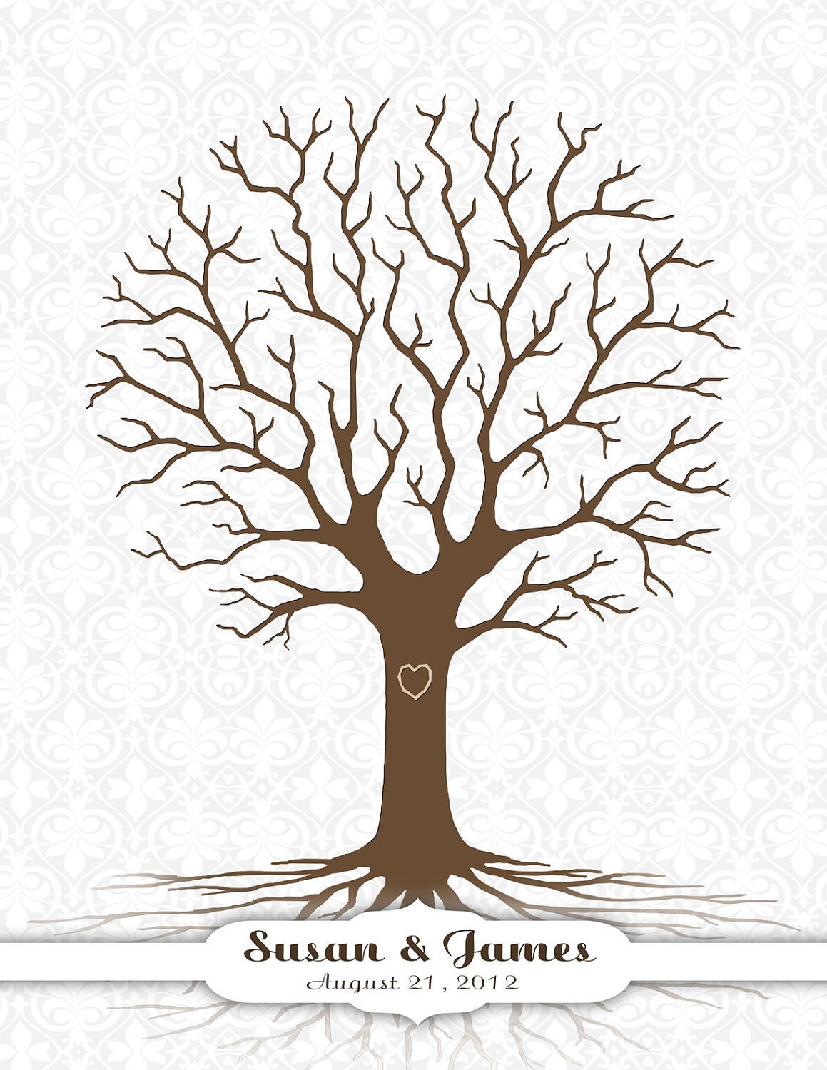 DIY Wedding Tree Guest Book/Damask Background - Printable PDF - Fingerprint Signature Tree - 11x14, 16x20, 17x22, 18x24, 20x25 or 24x30