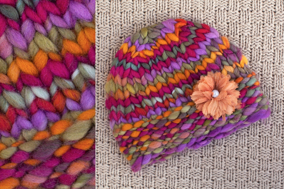NEWBORN BEANIE HAT with flower - photography prop - purple, plum, olive, violet, ochre, fuchsia,