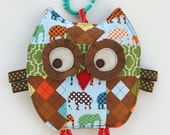Henry the Patchwork Owl Crinkle Toy comes with Teething Ring Link - Great Baby Boy Gift