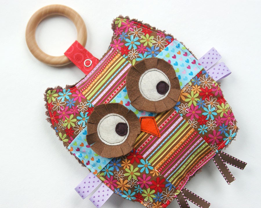 Daisy the Patchwork Owl Crinkle Toy comes with Detachable Organic Wood Teething Ring- Great Baby Girl Gift