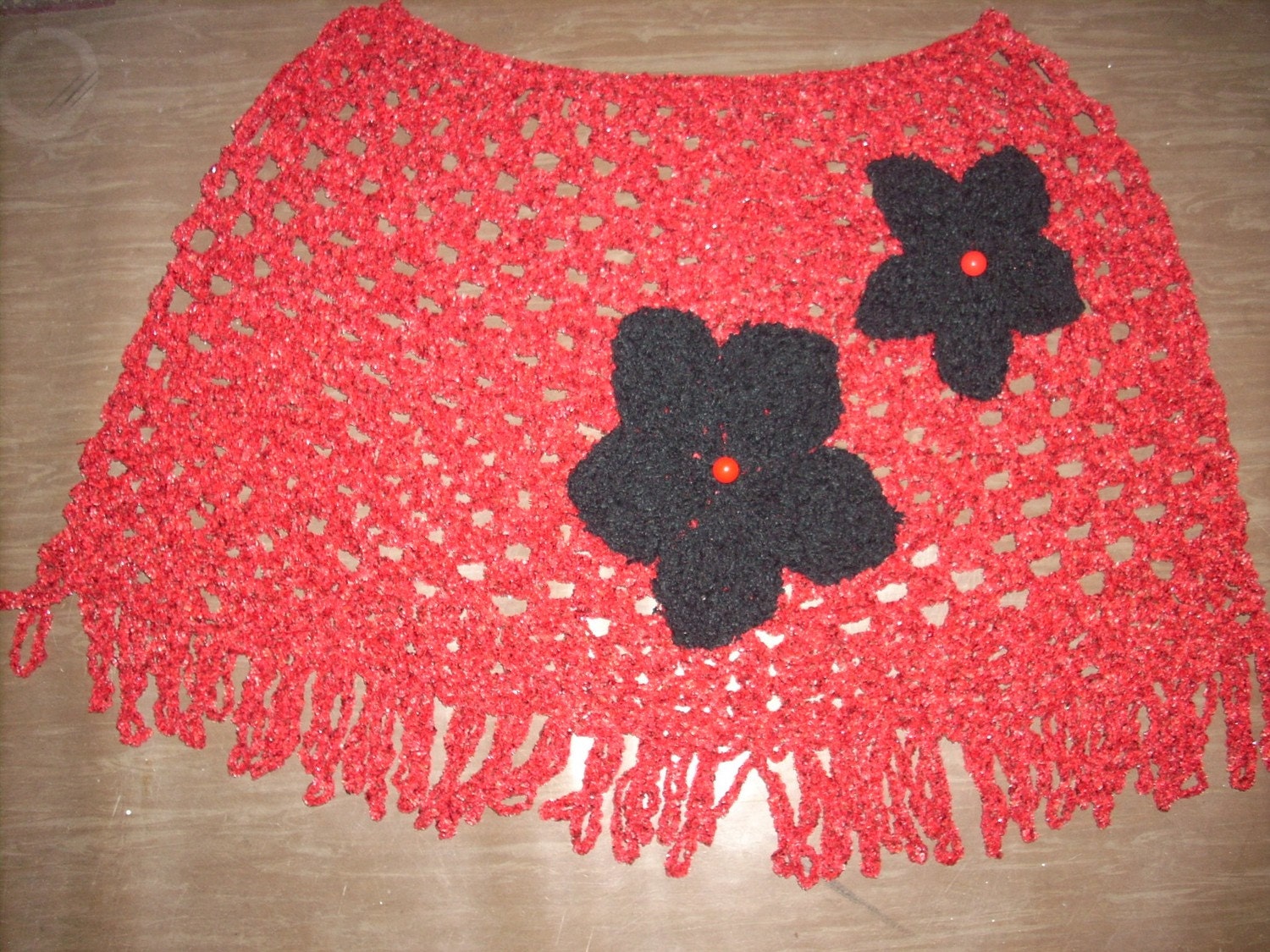 Red and black original poncho hand crocheted and knitted