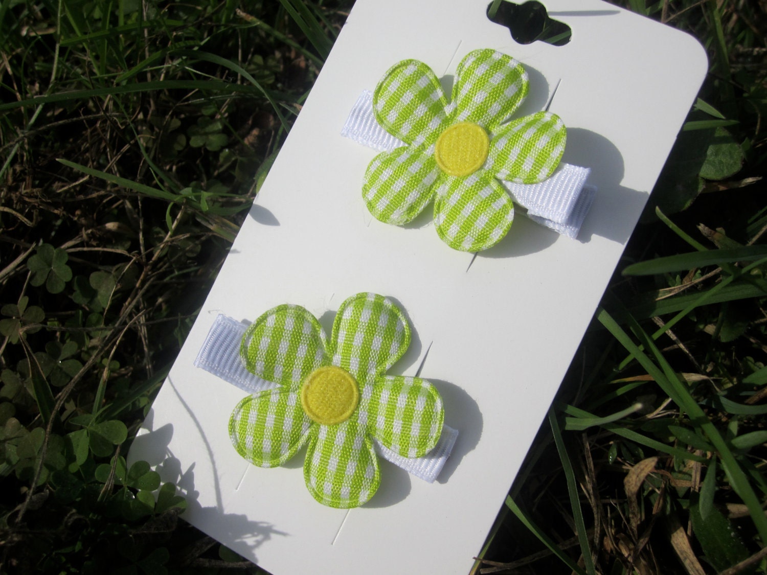 Hair Clippies: Lime Green, Yellow and White Plaid Daisies