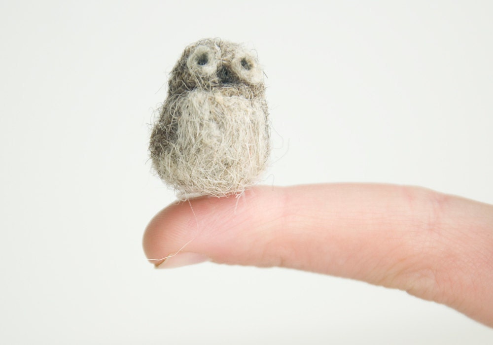 Miniature Needle Felted Pocket Owl in Natural Wool