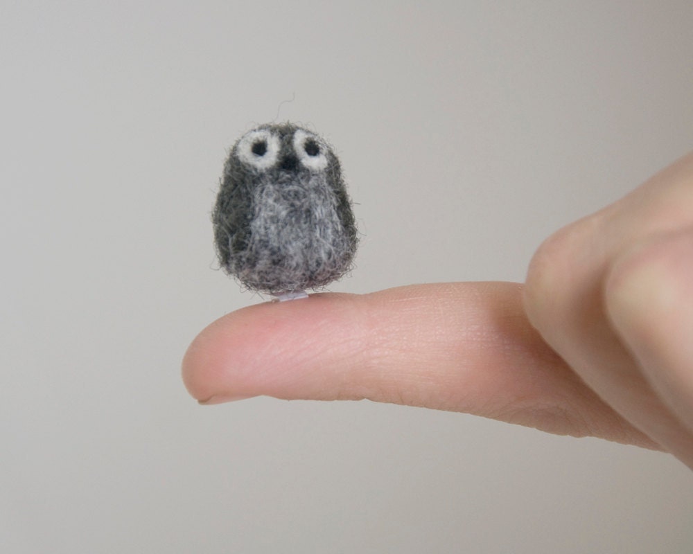 Miniature Needle Felted Pocket Owl in Charcoal Grey