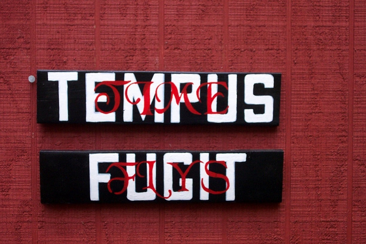 Hand painted sign "Tempus Fugit", White and red on black, Made from Repurposed pallet wood