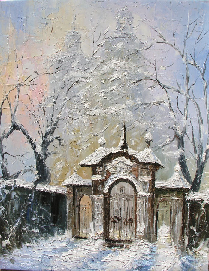 Winter 23 x 30 Original Oil Painting Palette Knife Morning Winter White Foggy Gates yard by Marchella