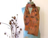 hand painted silk scarf golden brown with Queen Anne's lace in orange and dark gray