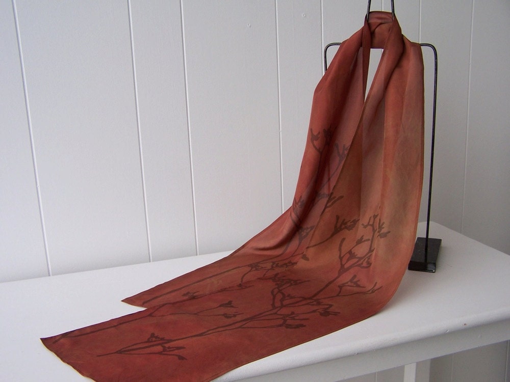 hand painted silk scarf  in chestnut brown with branches