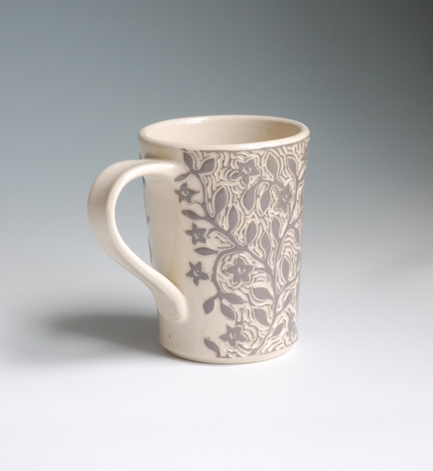 Taupe Gray and White Hand Carved Stoneware Mug