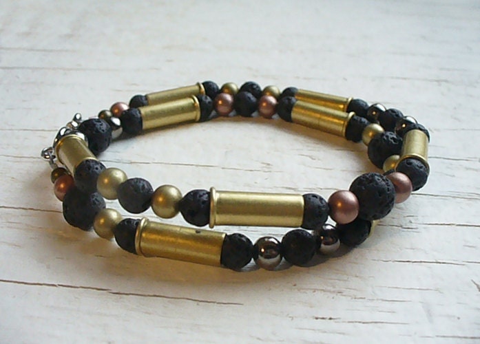 Double Wrap Bullet Shell Bracelet - Black Lava and Metal - Unique Sterling Silver Mens Bullet Casing Jewelry