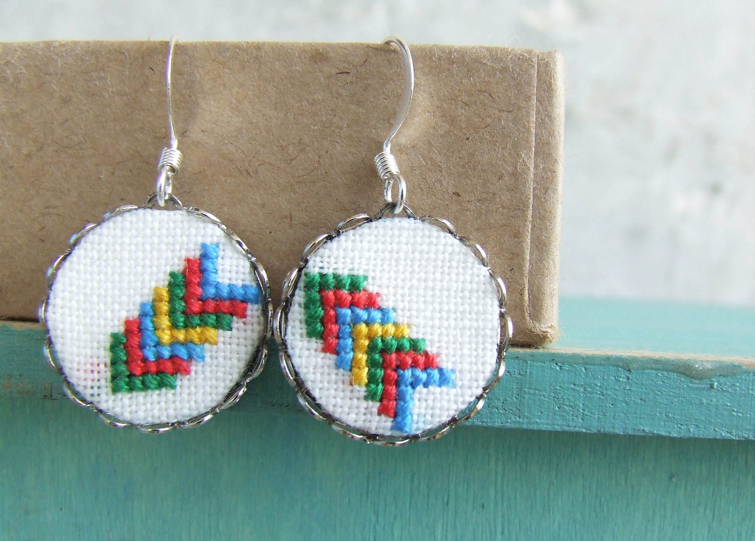 Hand embroidered earrings Geometrical arrows with surgical steel ear wires
