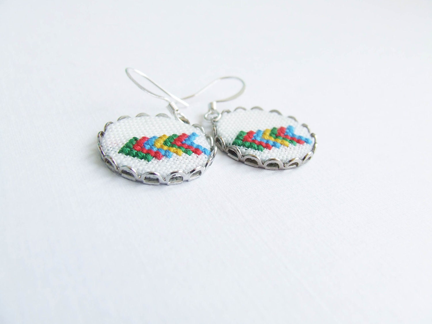 Hand embroidered earrings Geometrical arrows with surgical steel ear wires