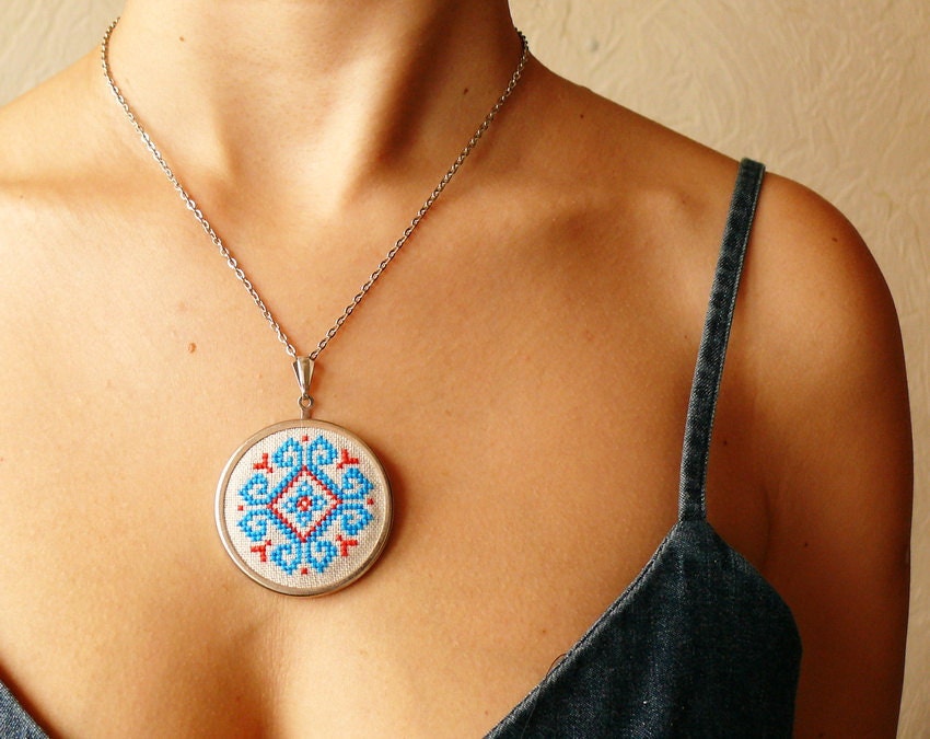 Cross stitch necklace blue and red ethnic ornament