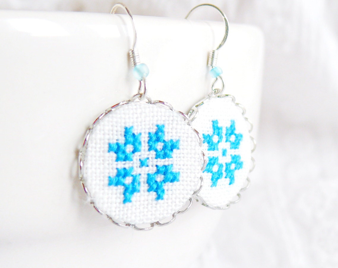 Scandinavian earrings Nordic blue flower - gift for her - embroidered jewelry