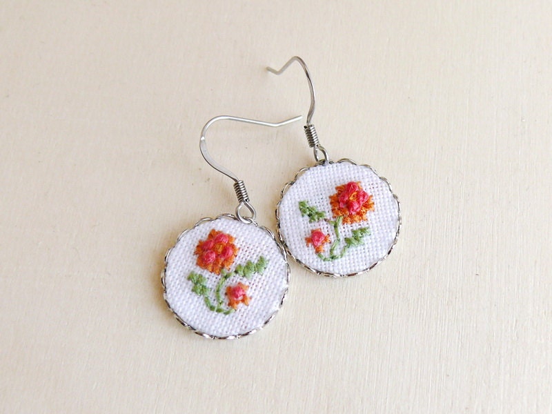 Embroidered floral earrings with surgical steel ear wires