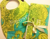 Monogrammed Bib and Burp Cloth set - Amy Butler Love Sandlewood Turquoise fabric - Etsykids Team - Turquoise and Green - Personalized Baby