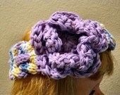 Hand Knit Toddler to Tween Button Back Cabled soft Cotton Pansy Parade Medley Headband with a Bright Lavender Crochet Flower