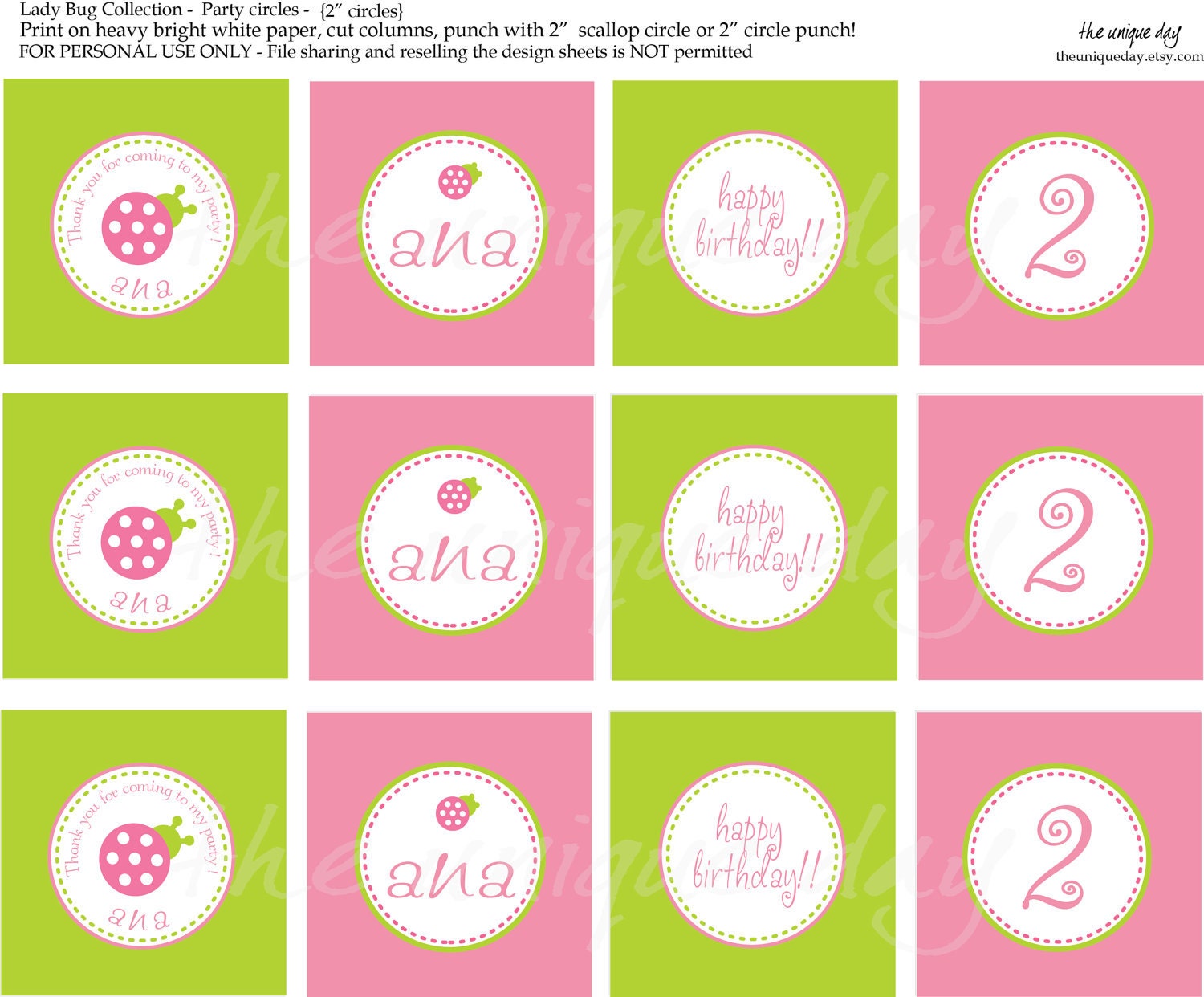 Printable Labels or Gift Tags - Lady Bug - pink and lime - Birthday Il_570xn