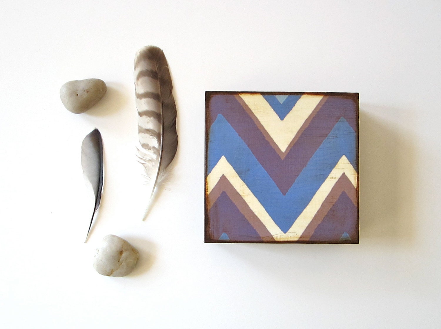Chevron Zig Zag Blue Grey White 5x5 art block on wood modern graphic pattern angles arrows geometric red tile studio