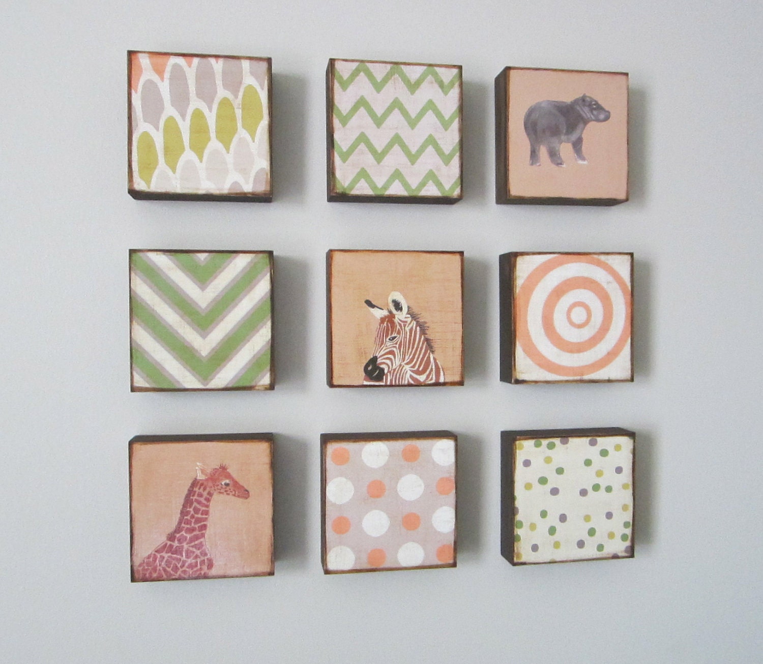 Wall Decor Art Block 5x5  Nine 9 Set Animals Geometric Collection Nursery Child Decor Baby 5x5 Geometric redtilestudio wood
