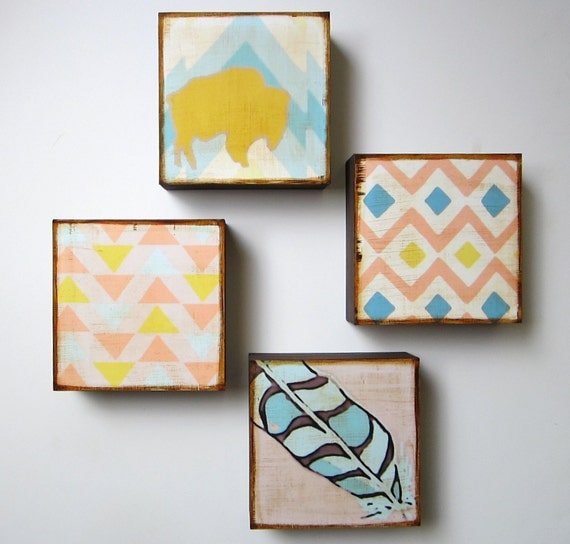 Wall Decor art block Set l Southwestern Geometric (4) 5x5 wood block modern home decor  geometric pattern pastel redtilestudio