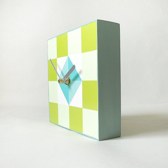 Nautical Home Decor l Clock Art Block l  AHOY Blue Green Yellow Geometric Beach Cottage