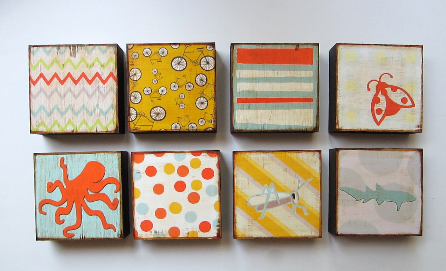 Polka Dot Wall Decor l Art Block l Summer Polka Dots 5x5 wood block circles orange red yellow blue flowers redtilestudio