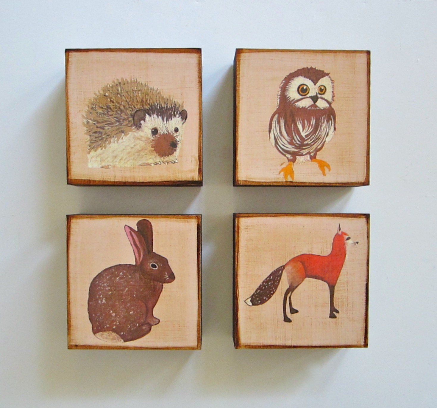 Woodland Home Decor l Art Block Four/4 set 5x5 BrownBlack Gray Forest hedgehog fox rabbit owl nature red tile studio