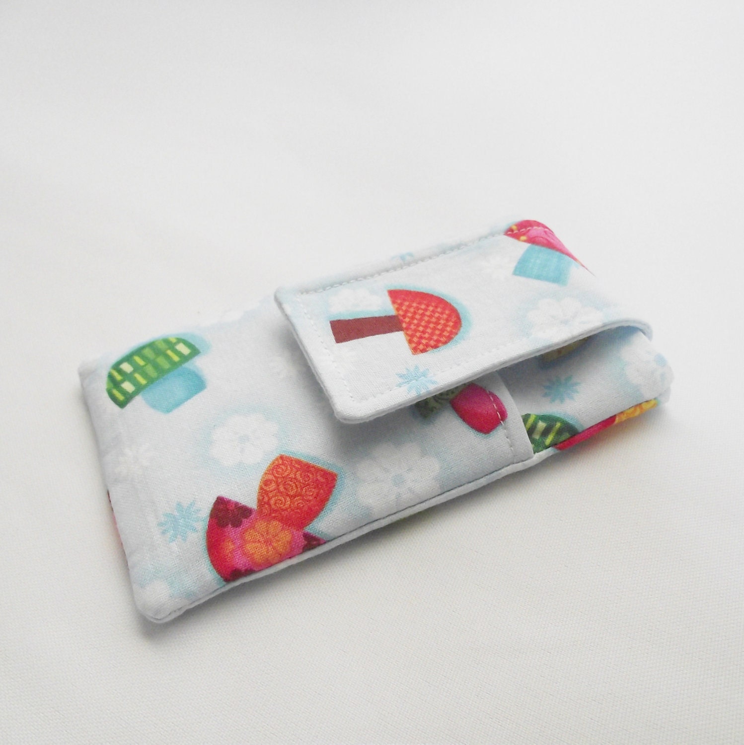 SALE Case for Iphone Blackberry or similar. Cute mushrooms and flowers. Light blue cotton