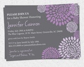 Baby Bridal Shower Invitation Printable Girl Purple and Lavender and Charcoal Grey Gray Floral Modern, DIY Digital File