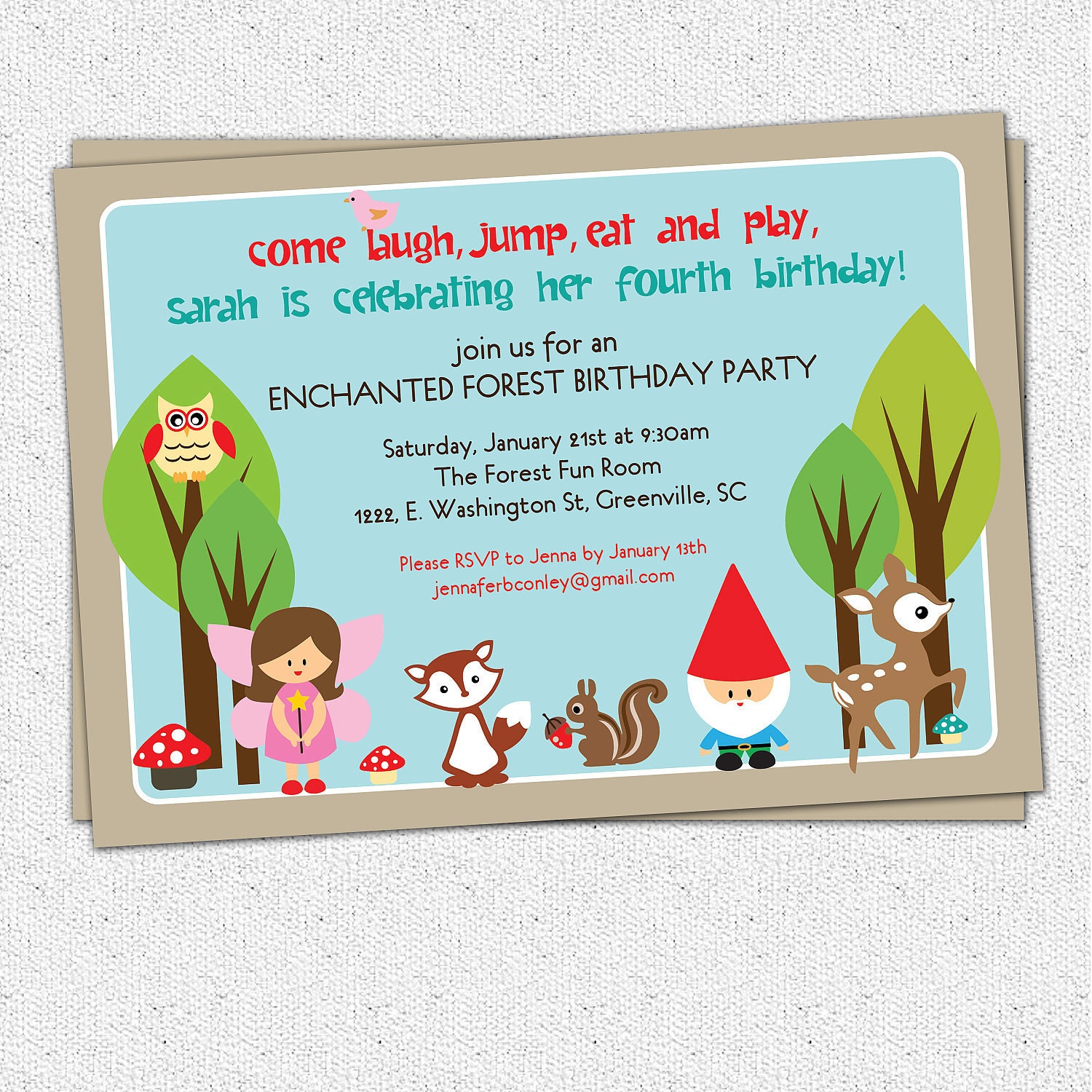 Printable Woodland Birthday Invitation, Enchanted Forest, Fairy, Gnome, Deer, Owl, Squirrel, Girl DIY digital file