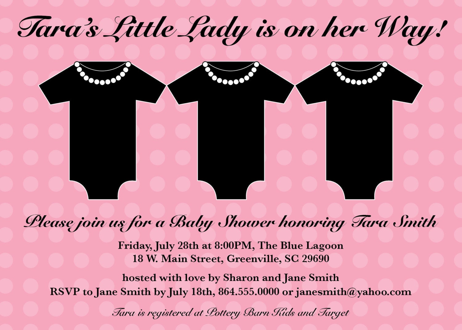 Printable Baby Shower Invitation Girl, Little Lady, Pink and Black, Little Black Onesie Dress, Pearls, DIY Digital file
