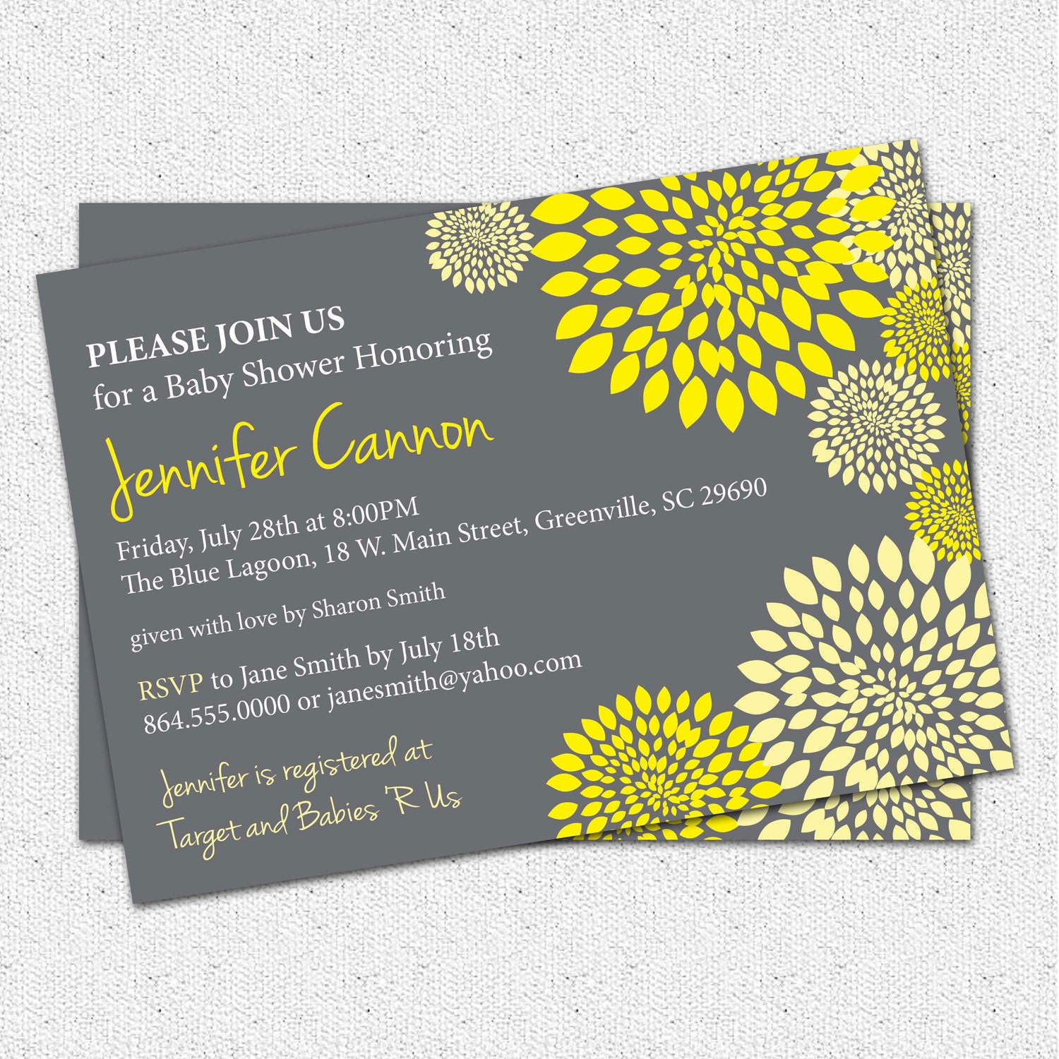 Baby Shower Invitation Printable Gender Neutral Boy or Girl Yellow and Charcoal Grey Gray Floral Modern, DIY Digital File