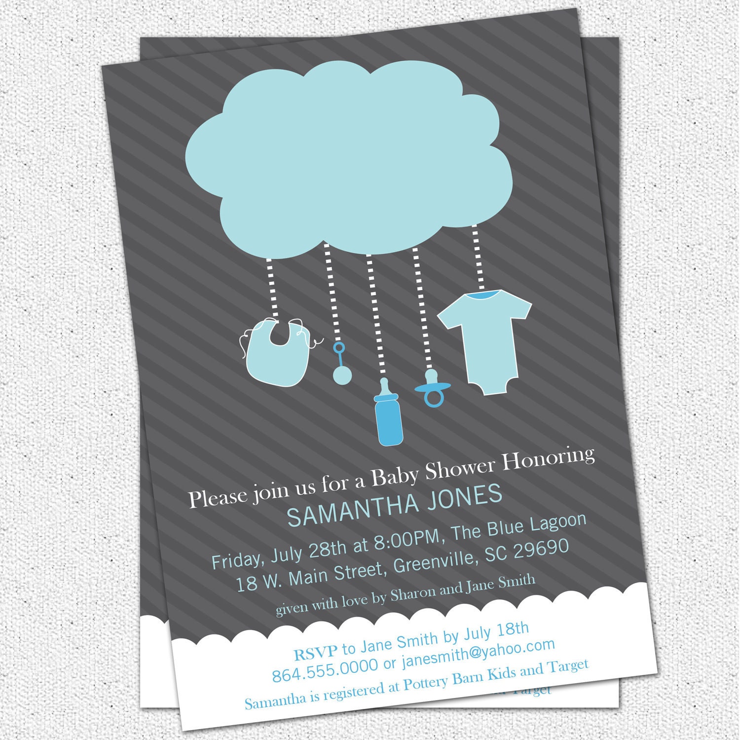 Printable Rain Cloud Baby Boy Shower Invitation, Light Blue Dark Grey DIY Digital File