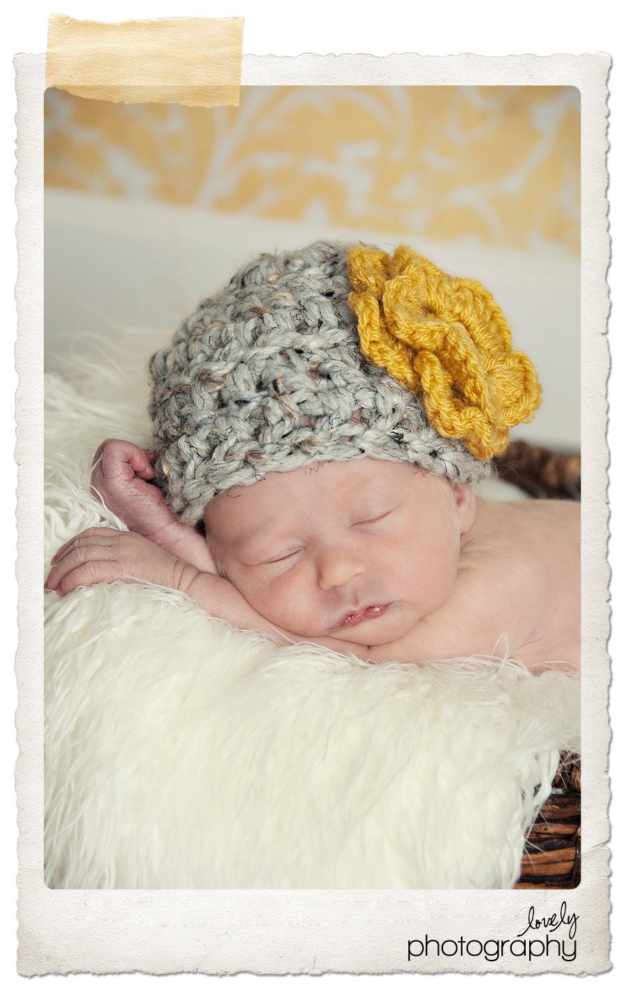 Baby Girl Hat Crochet Chunky Newborn Gray with Yellow Gold Large Flower Custom Made to Order