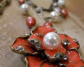 Orange Flower Necklace, pearls, antique brass