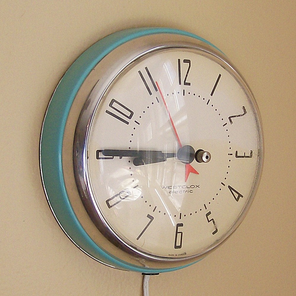 Turquoise and Chrome Electric Wall Clock by VintageShelfAndWall