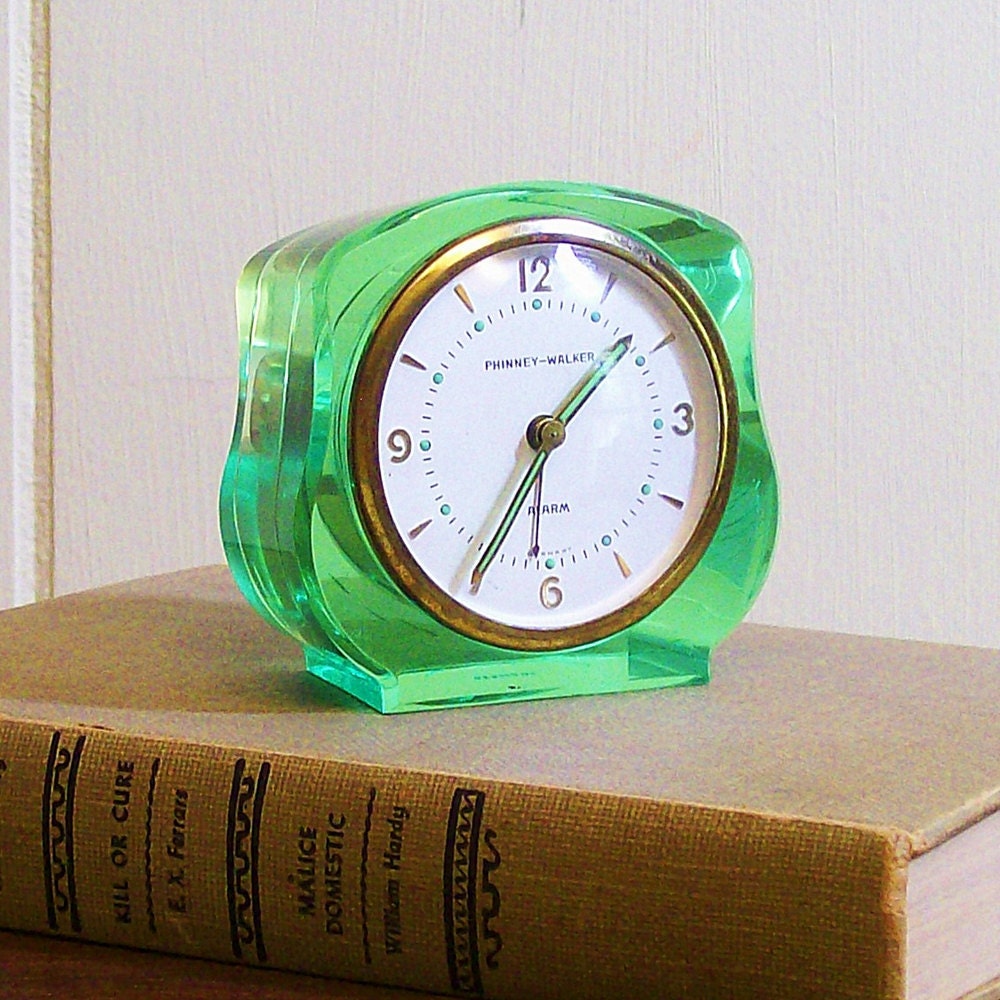 Clock Vintage Lucite Mechanical Alarm Green Phinney-Walker