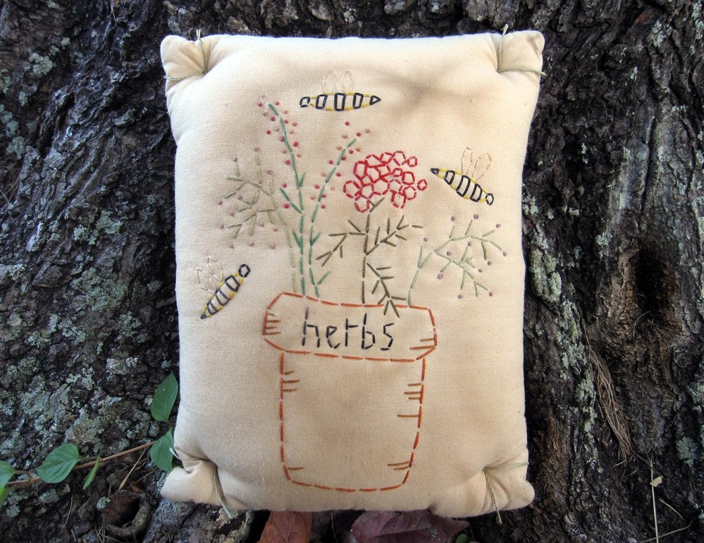 SPRING Garden HERBS and BEES Pillow - Primitive Embroidery