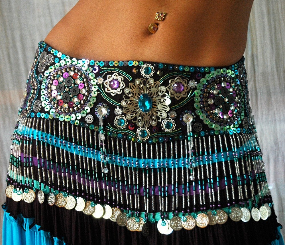 Perfectly Beautiful beaded sequined Belly Dance belt in turquoise purple aqua silver and black