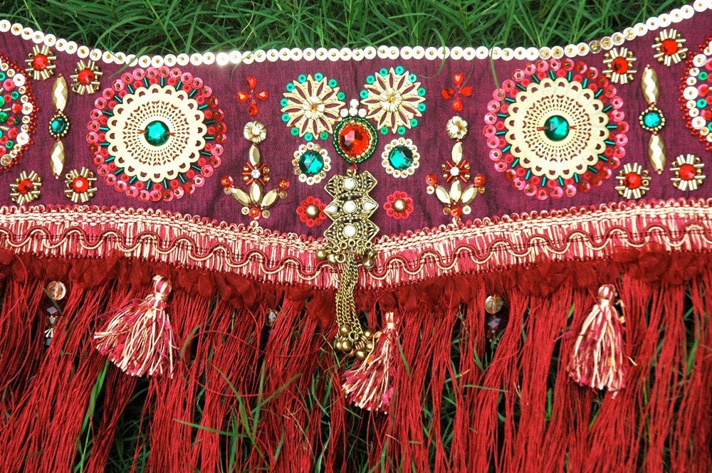 Perfectly Beautiful Belly Dance belt beaded sequined in maroon gold green and red