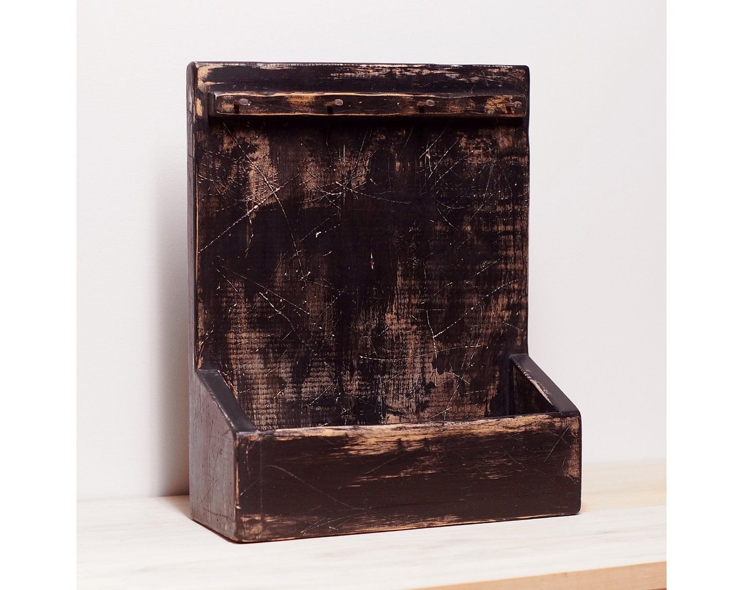 Wood Letter Holder with Key Hooks Primitive Distressed Black Mail Organizer